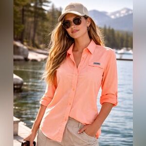 Columbia PFG Omni Shade Fishing Shirt Peach Long Sleeve Button Up S